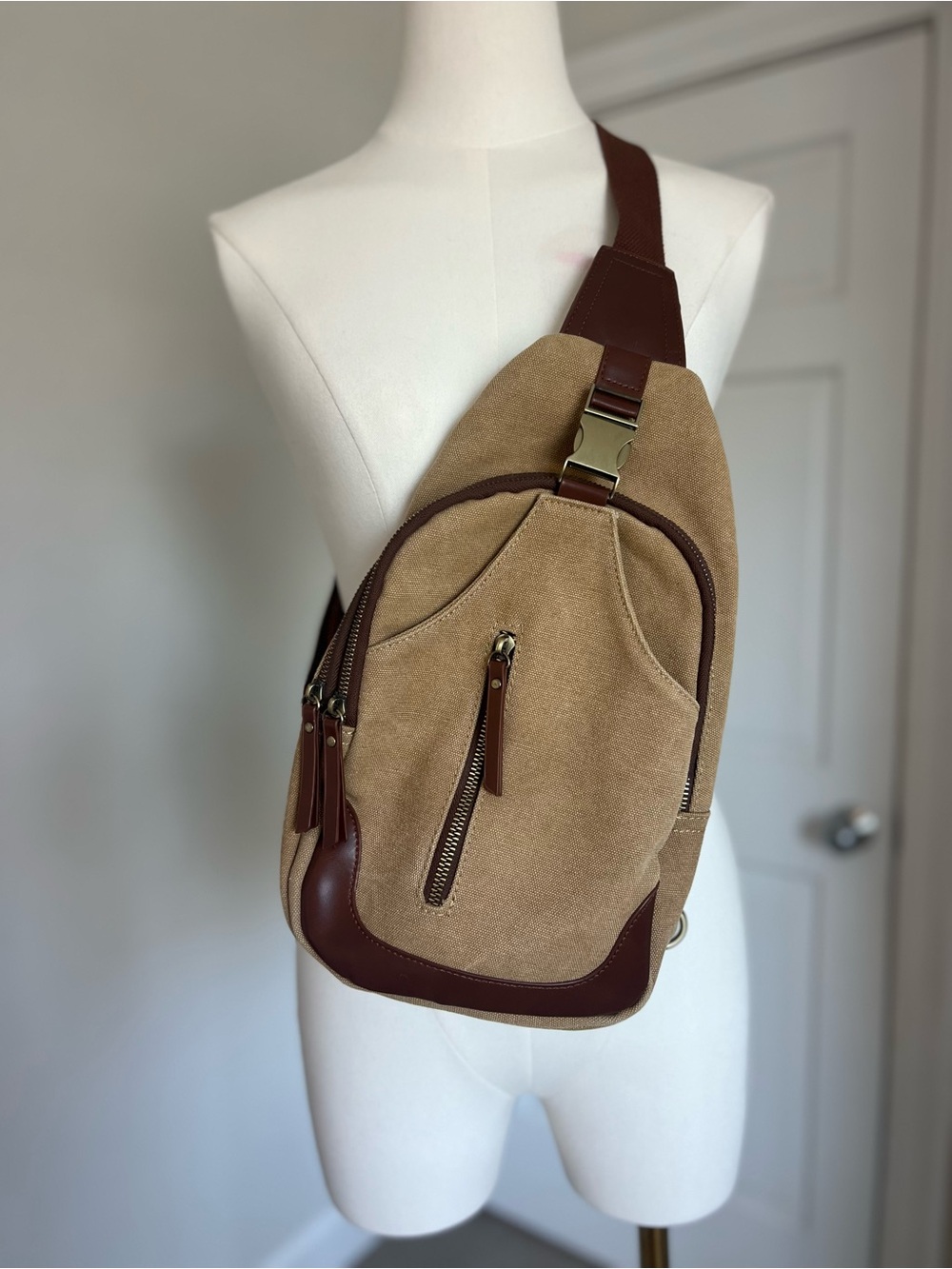 Antik Kraft Samara Cotton Canvas Crossbody Sling Bag Camel Neutral Minimal
